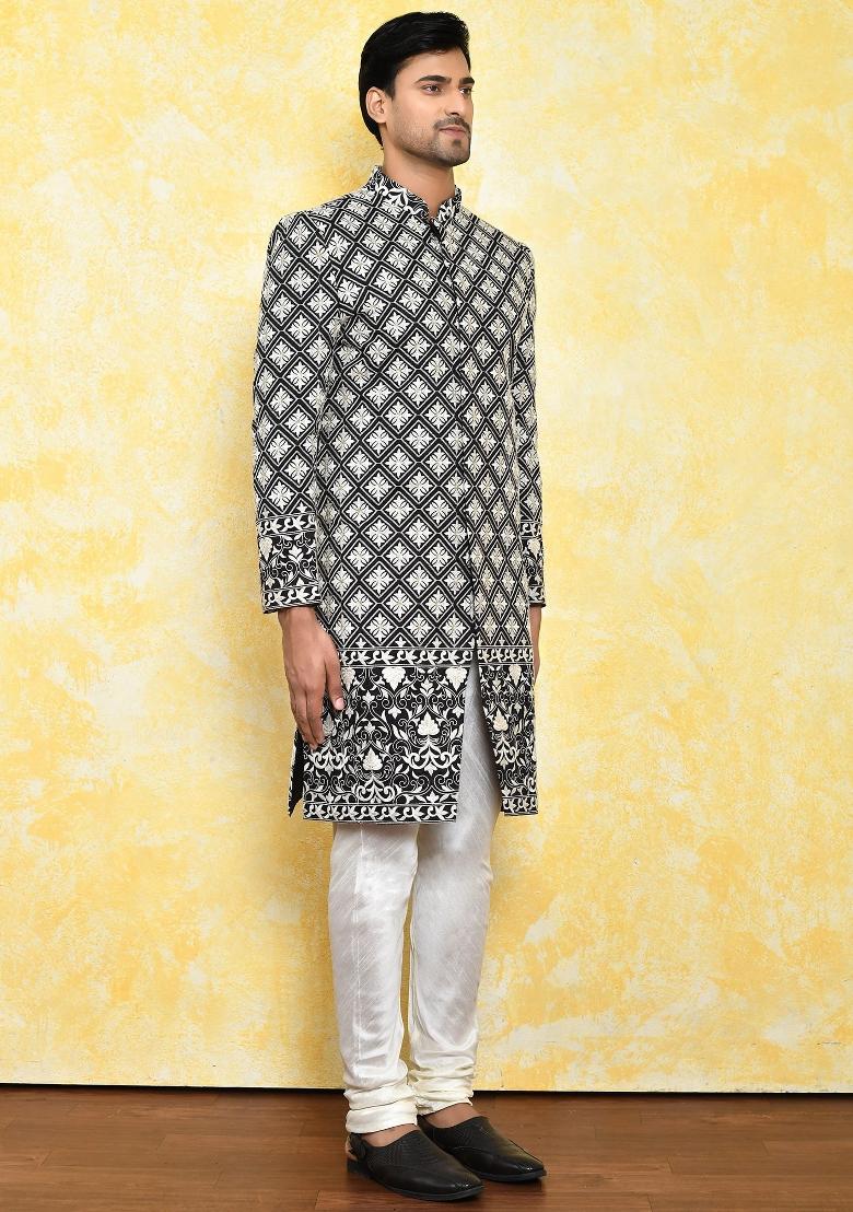 Black Embroidered Dupion Art Silk Indo Western Sherwani Set For Men