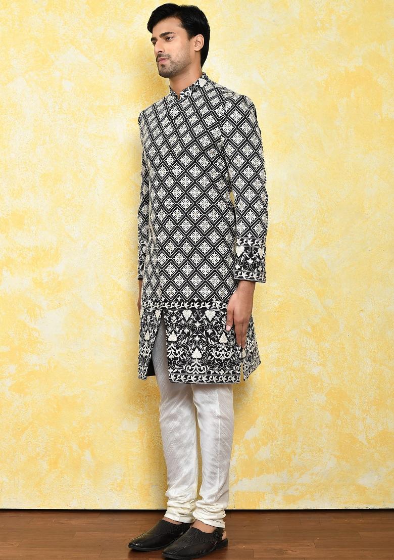 Black Embroidered Dupion Art Silk Indo Western Sherwani Set For Men