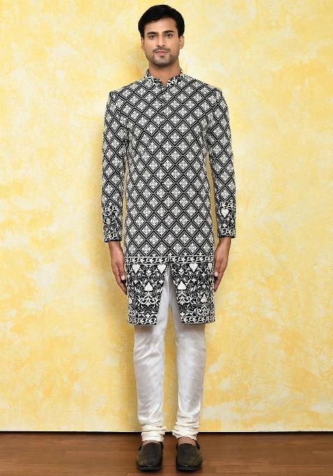 Black Embroidered Dupion Art Silk Indo Western Sherwani Set For Men