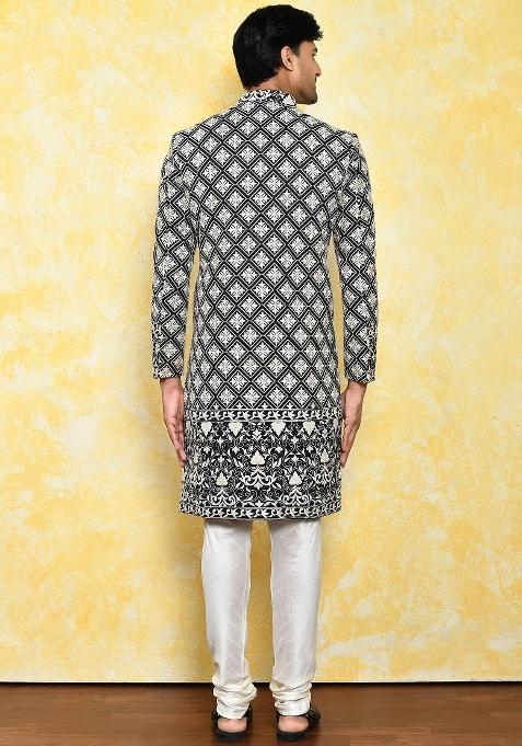 Black Embroidered Dupion Art Silk Indo Western Sherwani Set For Men