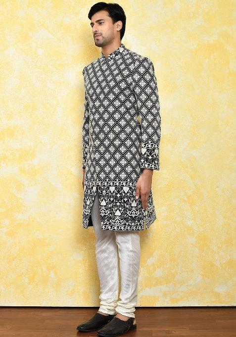Black Embroidered Dupion Art Silk Indo Western Sherwani Set For Men