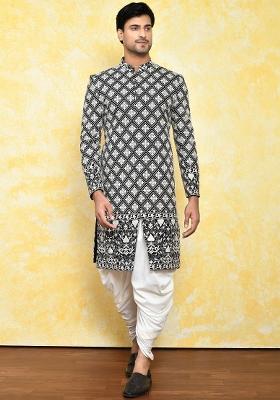 Black Embroidered Dupion Art Silk Indo Western Sherwani Set For Men