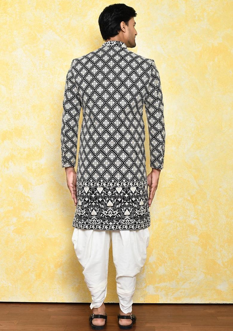 Black Embroidered Dupion Art Silk Indo Western Sherwani Set For Men