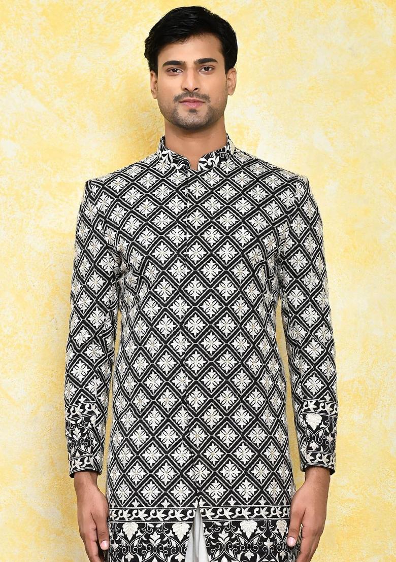 Black Embroidered Dupion Art Silk Indo Western Sherwani Set For Men