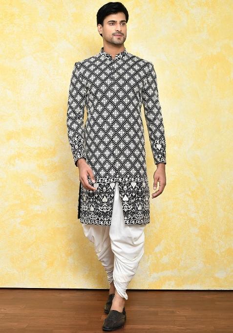 Black Embroidered Dupion Art Silk Indo Western Sherwani Set For Men