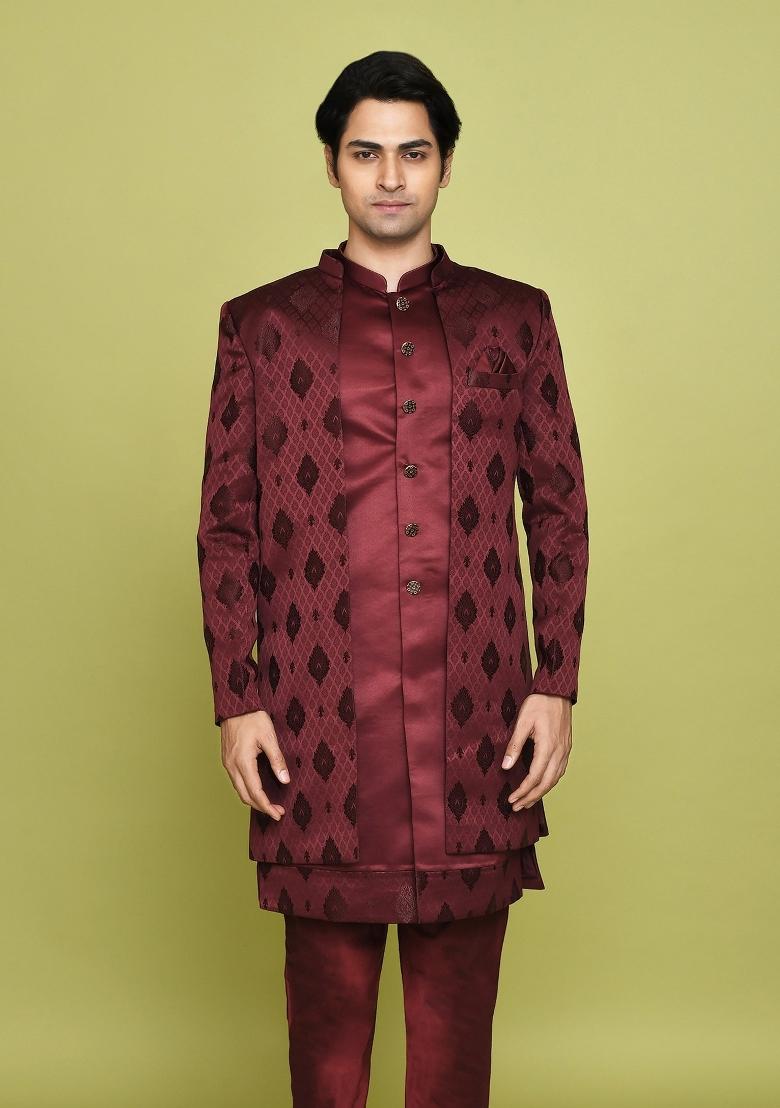Maroon Embroidered Georgia Satin Indo Western Sherwani Set For Men