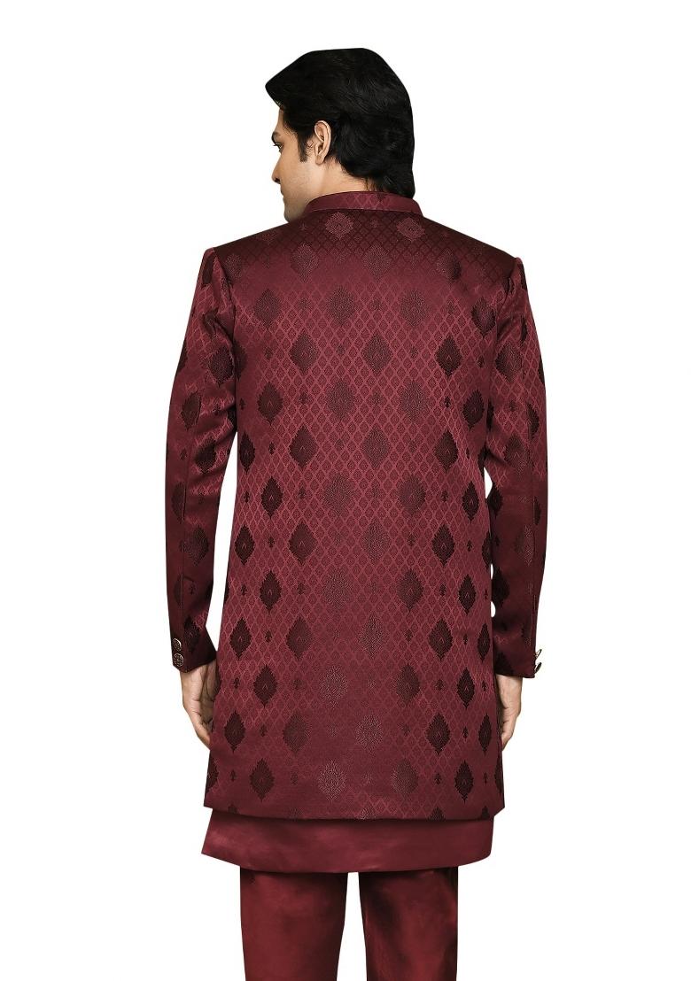 Maroon Embroidered Georgia Satin Indo Western Sherwani Set For Men