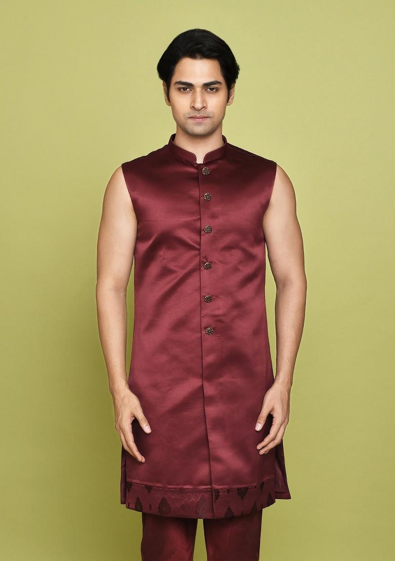 Maroon Embroidered Georgia Satin Indo Western Sherwani Set For Men