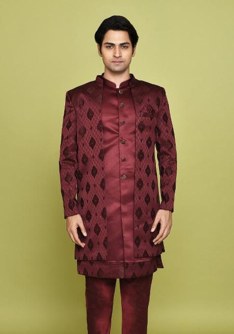 Maroon Embroidered Georgia Satin Indo Western Sherwani Set For Men