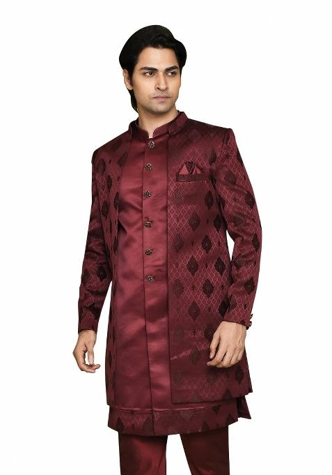 Maroon Embroidered Georgia Satin Indo Western Sherwani Set For Men