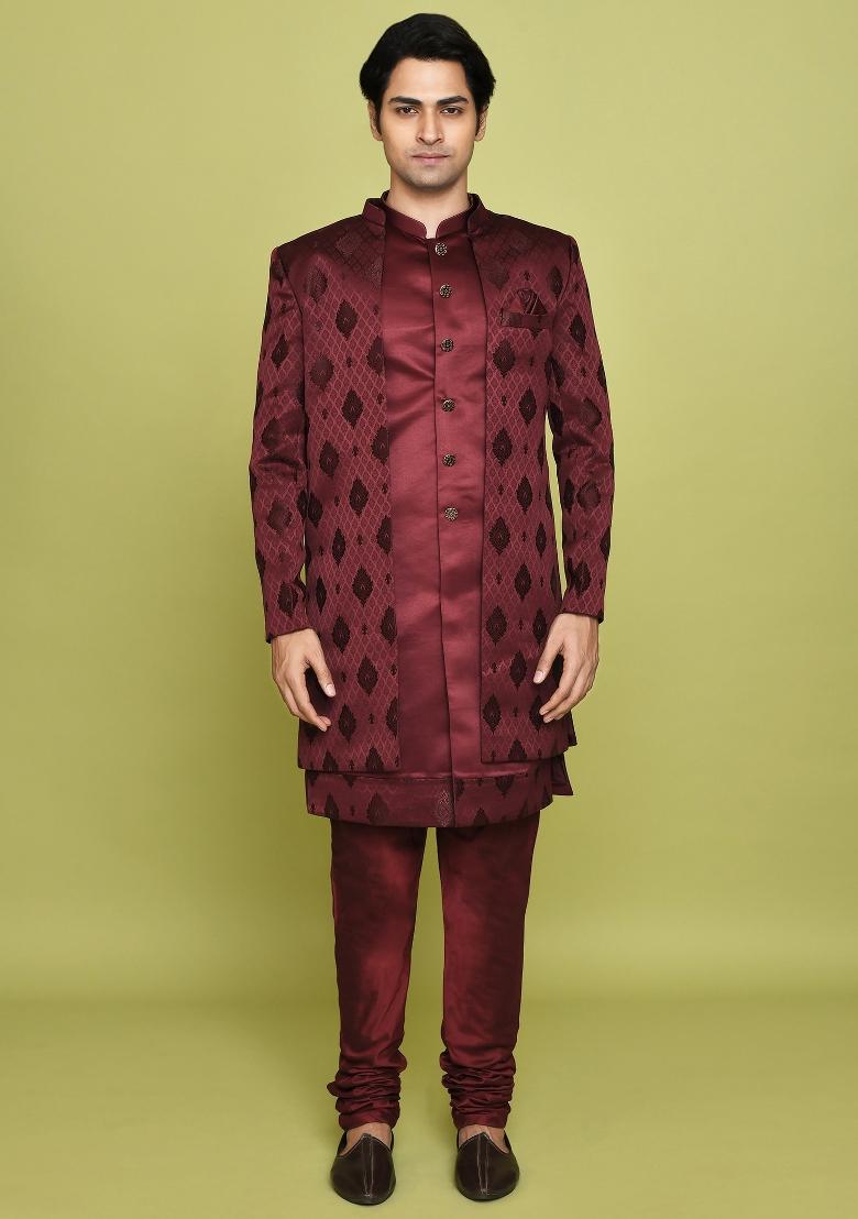 Maroon Embroidered Georgia Satin Indo Western Sherwani Set For Men