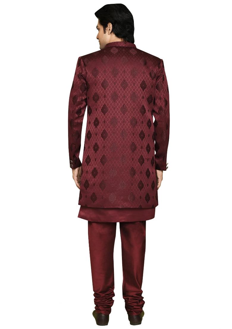 Maroon Embroidered Georgia Satin Indo Western Sherwani Set For Men