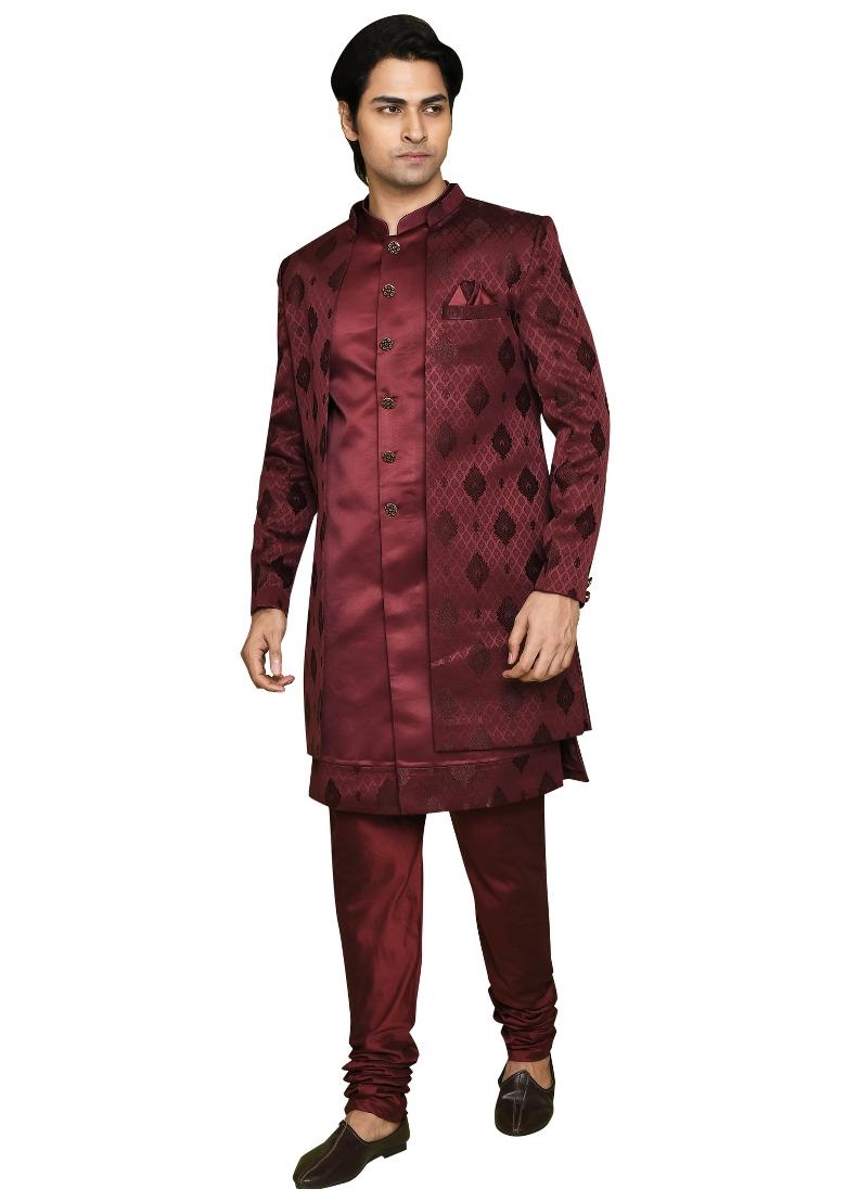 Maroon Embroidered Georgia Satin Indo Western Sherwani Set For Men