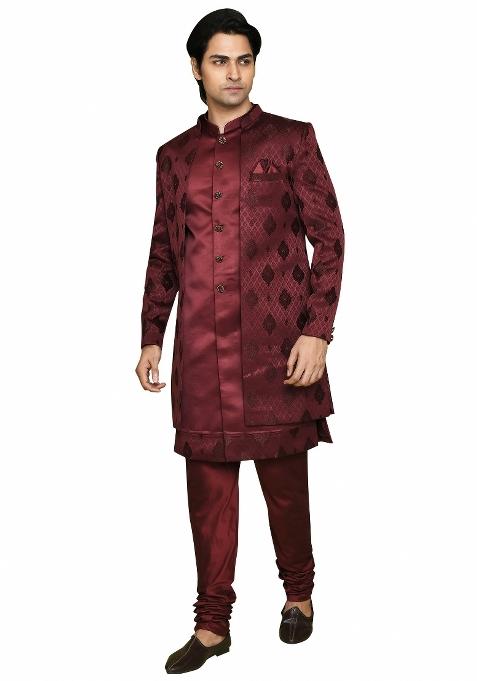 Maroon Embroidered Georgia Satin Indo Western Sherwani Set For Men