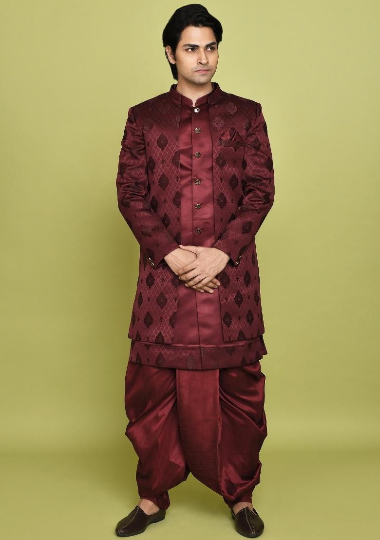 Maroon Embroidered Georgia Satin Indo Western Sherwani Set For Men
