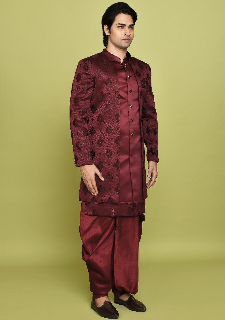 Maroon Embroidered Georgia Satin Indo Western Sherwani Set For Men