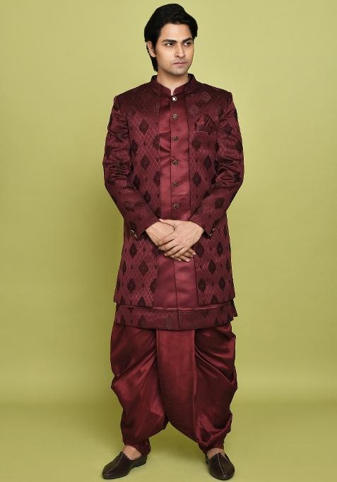 Maroon Embroidered Georgia Satin Indo Western Sherwani Set For Men