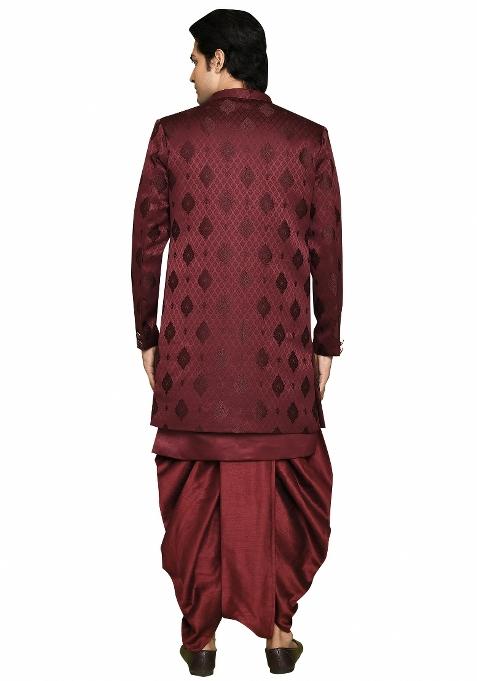 Maroon Embroidered Georgia Satin Indo Western Sherwani Set For Men
