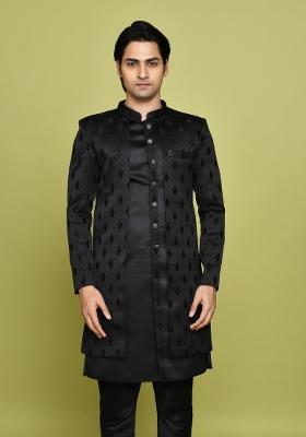 Black Embroidered Georgia Satin Indo Western Sherwani Set For Men