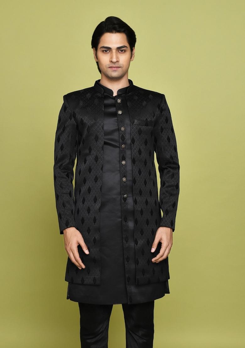 Black Embroidered Georgia Satin Indo Western Sherwani Set For Men