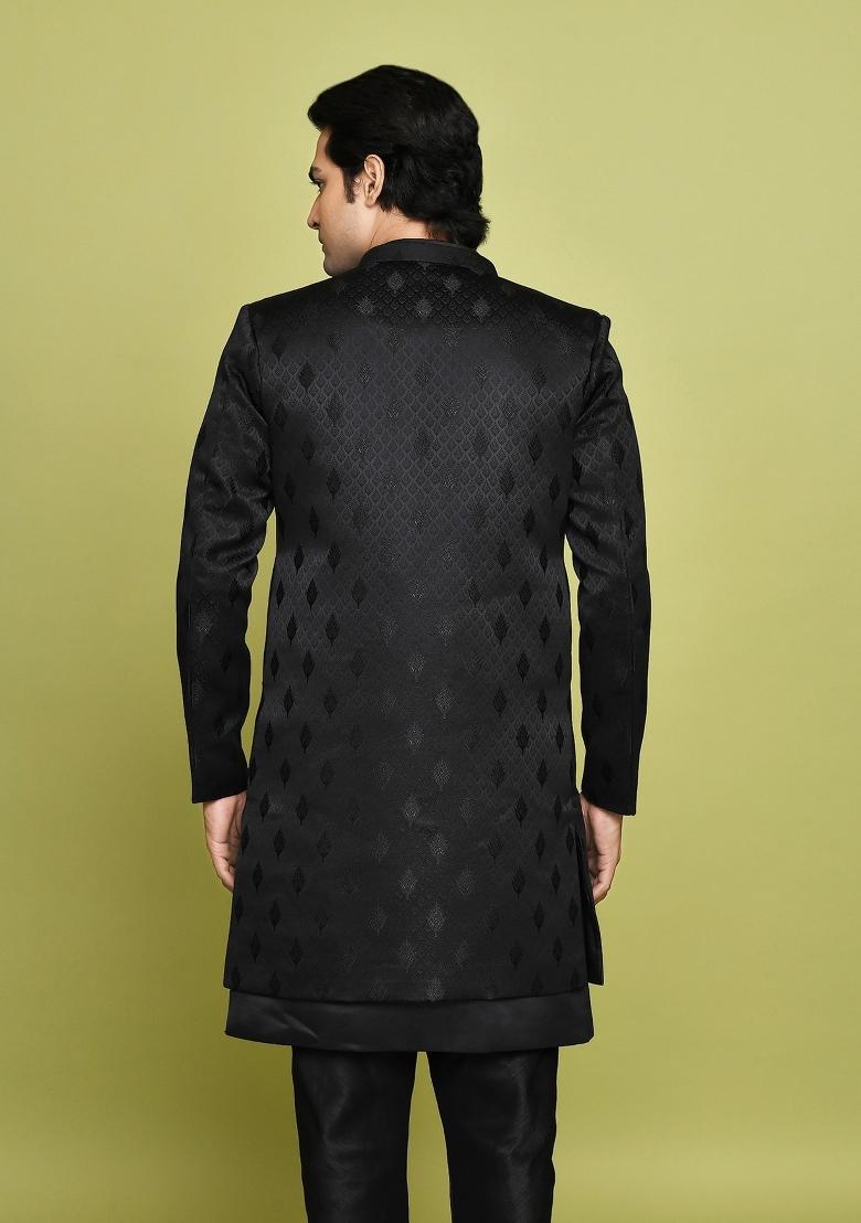 Black Embroidered Georgia Satin Indo Western Sherwani Set For Men