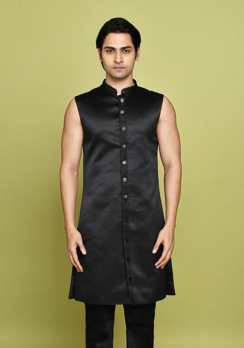 Black Embroidered Georgia Satin Indo Western Sherwani Set For Men