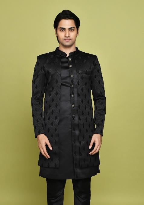 Black Embroidered Georgia Satin Indo Western Sherwani Set For Men