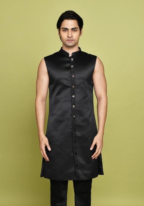 Black Embroidered Georgia Satin Indo Western Sherwani Set For Men