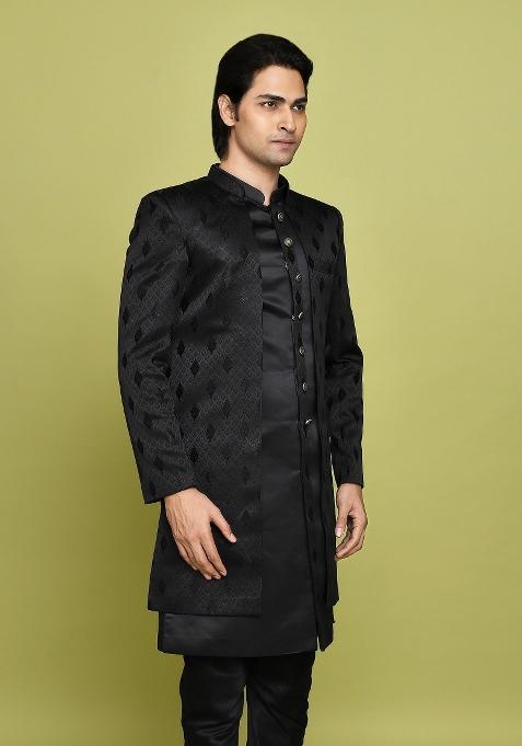 Black Embroidered Georgia Satin Indo Western Sherwani Set For Men