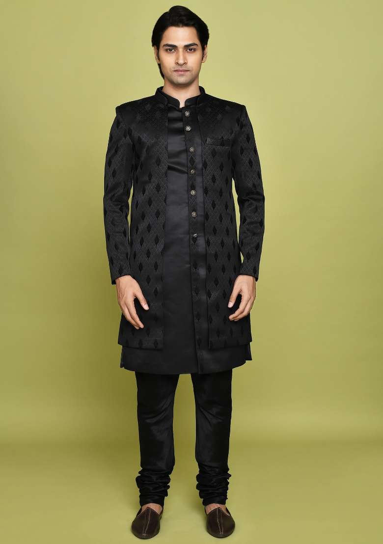 Black Embroidered Georgia Satin Indo Western Sherwani Set For Men - Indya