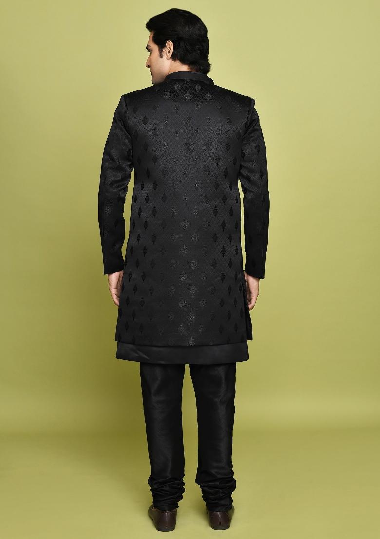 Black Embroidered Georgia Satin Indo Western Sherwani Set For Men