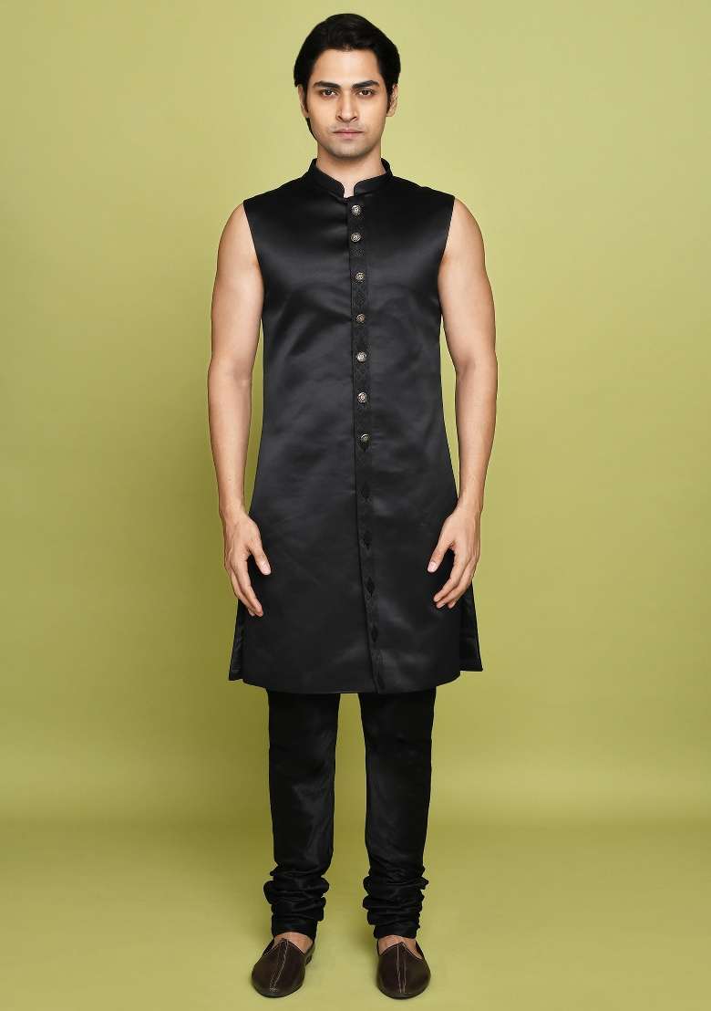 Black Embroidered Georgia Satin Indo Western Sherwani Set For Men - Indya