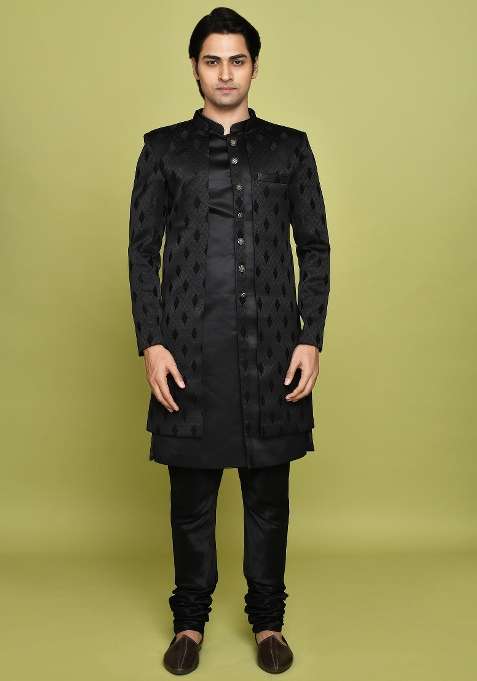 Black Embroidered Georgia Satin Indo Western Sherwani Set For Men