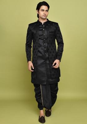 Black Embroidered Georgia Satin Indo Western Sherwani Set For Men