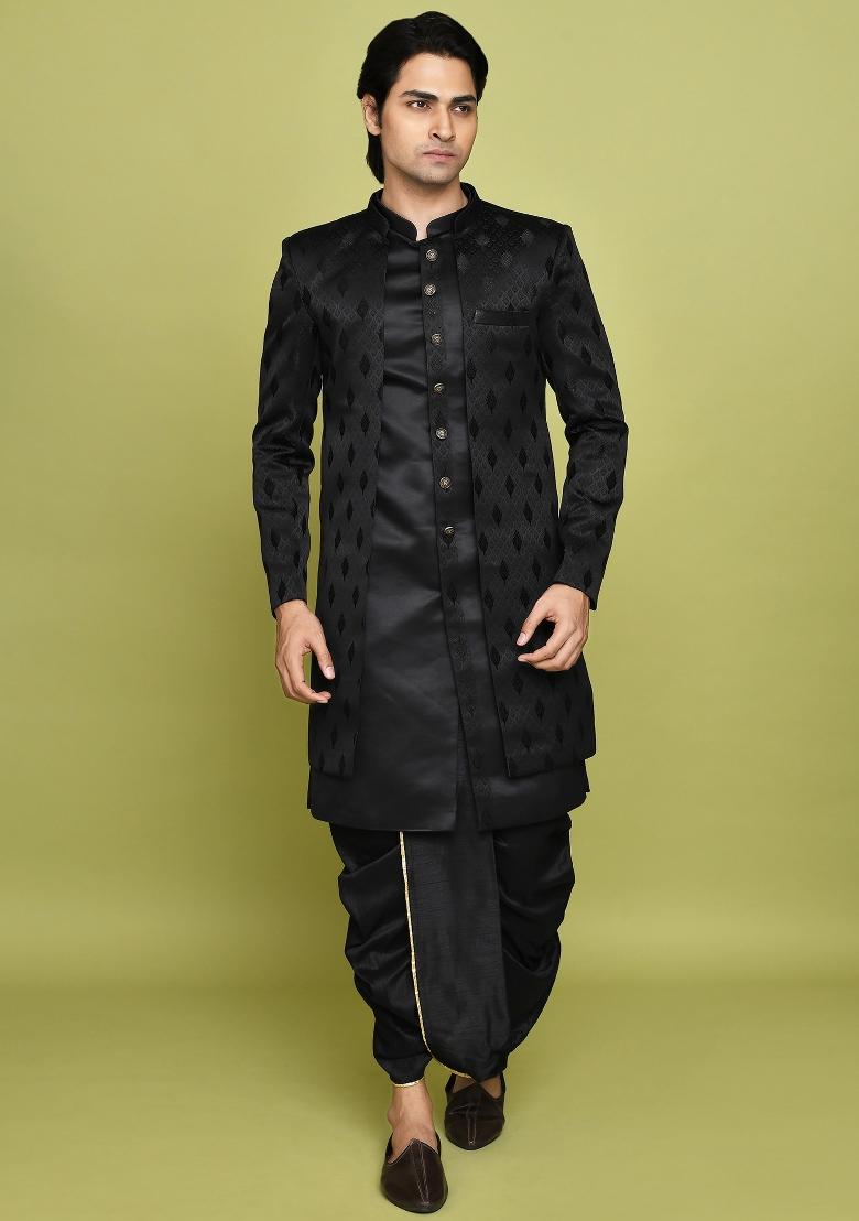 Black Embroidered Georgia Satin Indo Western Sherwani Set For Men