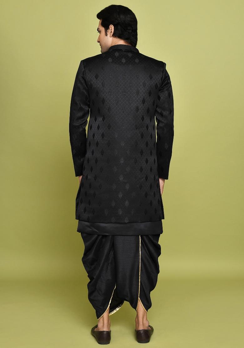 Black Embroidered Georgia Satin Indo Western Sherwani Set For Men