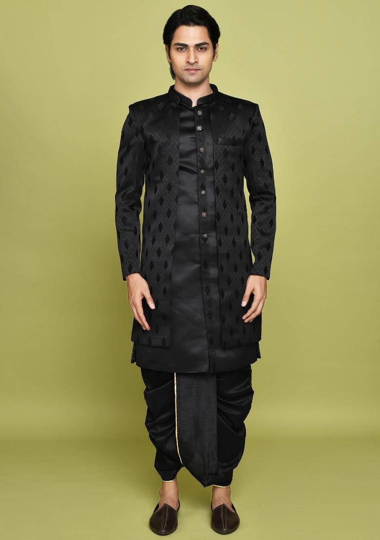 Black Embroidered Georgia Satin Indo Western Sherwani Set For Men