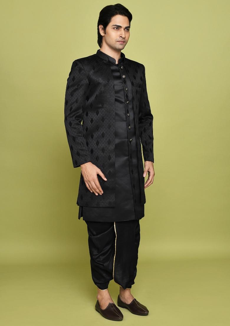 Black Embroidered Georgia Satin Indo Western Sherwani Set For Men