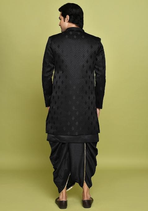 Black Embroidered Georgia Satin Indo Western Sherwani Set For Men