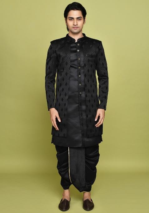 Black Embroidered Georgia Satin Indo Western Sherwani Set For Men