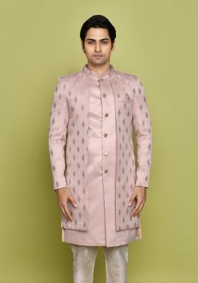Peach Embroidered Georgia Satin Indo Western Sherwani Set For Men