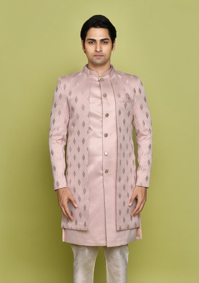 Peach Embroidered Georgia Satin Indo Western Sherwani Set For Men