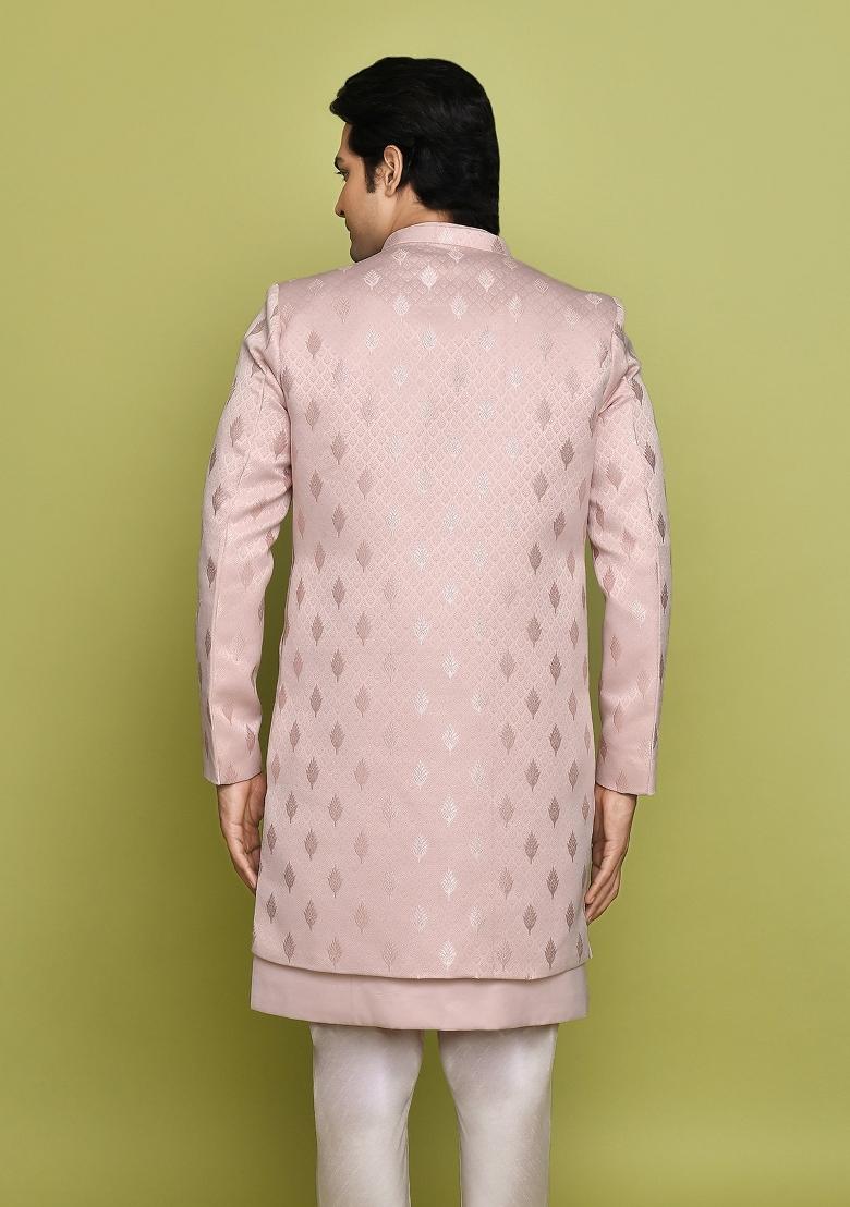 Peach Embroidered Georgia Satin Indo Western Sherwani Set For Men