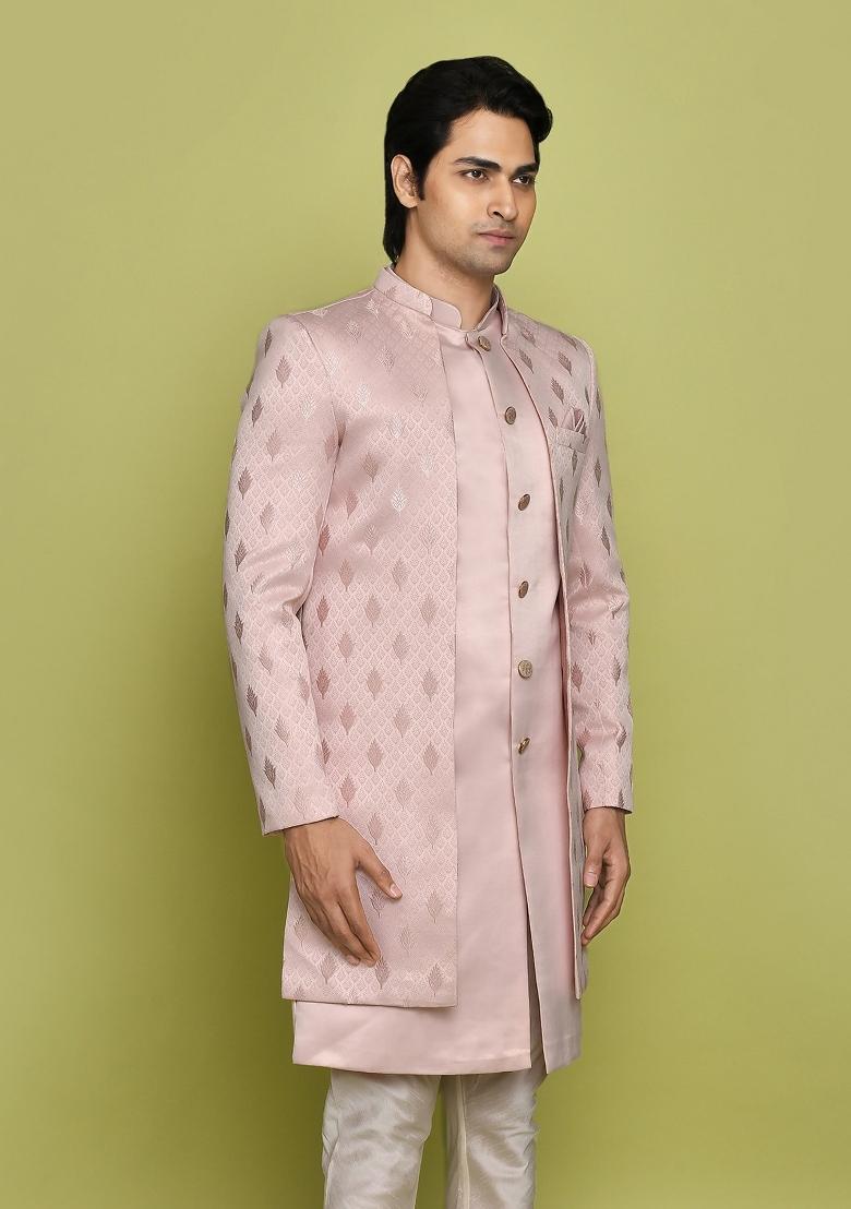 Peach Embroidered Georgia Satin Indo Western Sherwani Set For Men