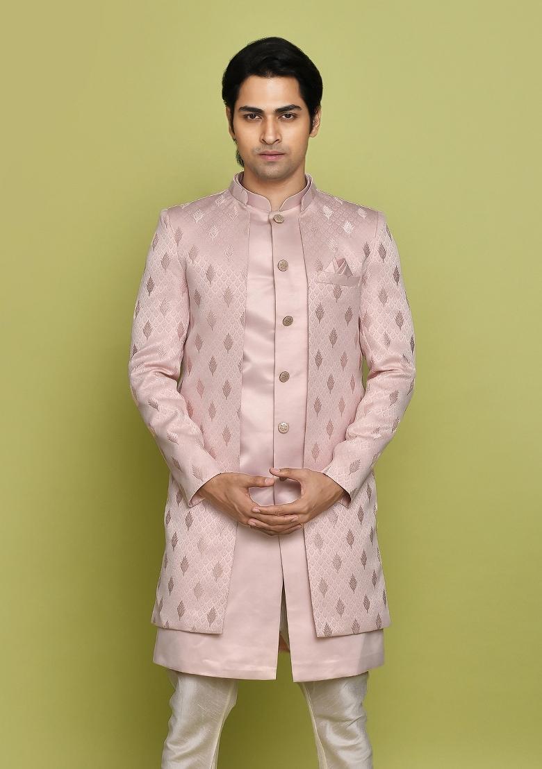 Peach Embroidered Georgia Satin Indo Western Sherwani Set For Men