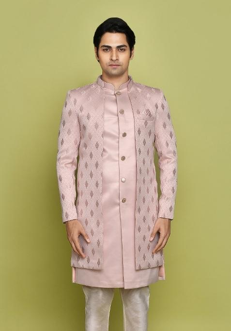 Peach Embroidered Georgia Satin Indo Western Sherwani Set For Men
