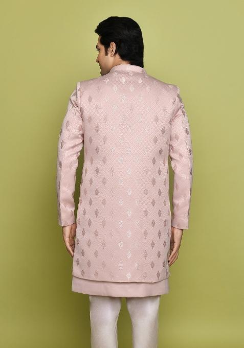 Peach Embroidered Georgia Satin Indo Western Sherwani Set For Men