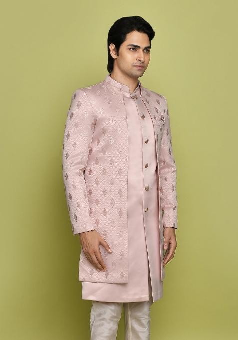 Peach Embroidered Georgia Satin Indo Western Sherwani Set For Men