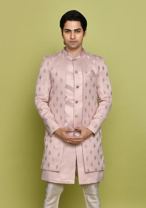 Peach Embroidered Georgia Satin Indo Western Sherwani Set For Men