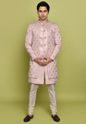 Peach Embroidered Georgia Satin Indo Western Sherwani Set For Men